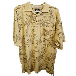 Tommy Bahama Shirt Mens Large Yellow Hawaiian Print Short Sleeve Polo